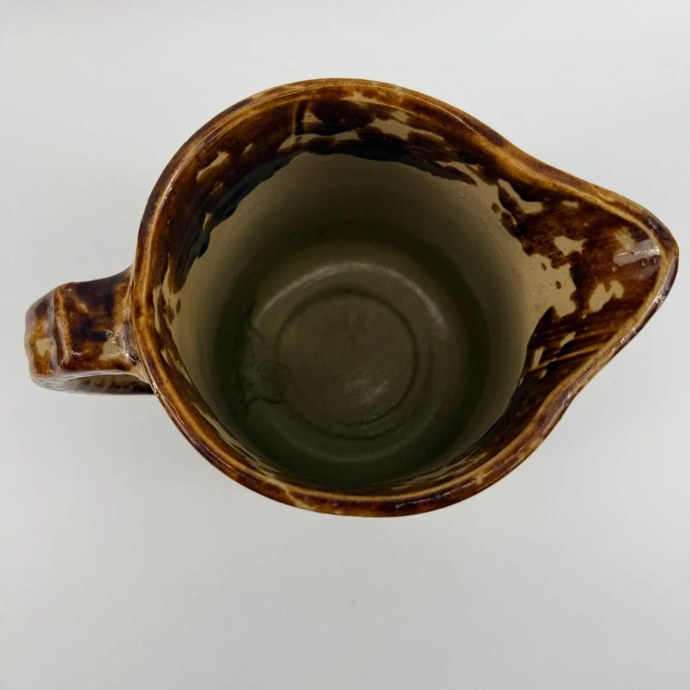 Antique Rockingham Glazed Yellowware Pitcher Brown Spongeware Relief Floral Jug